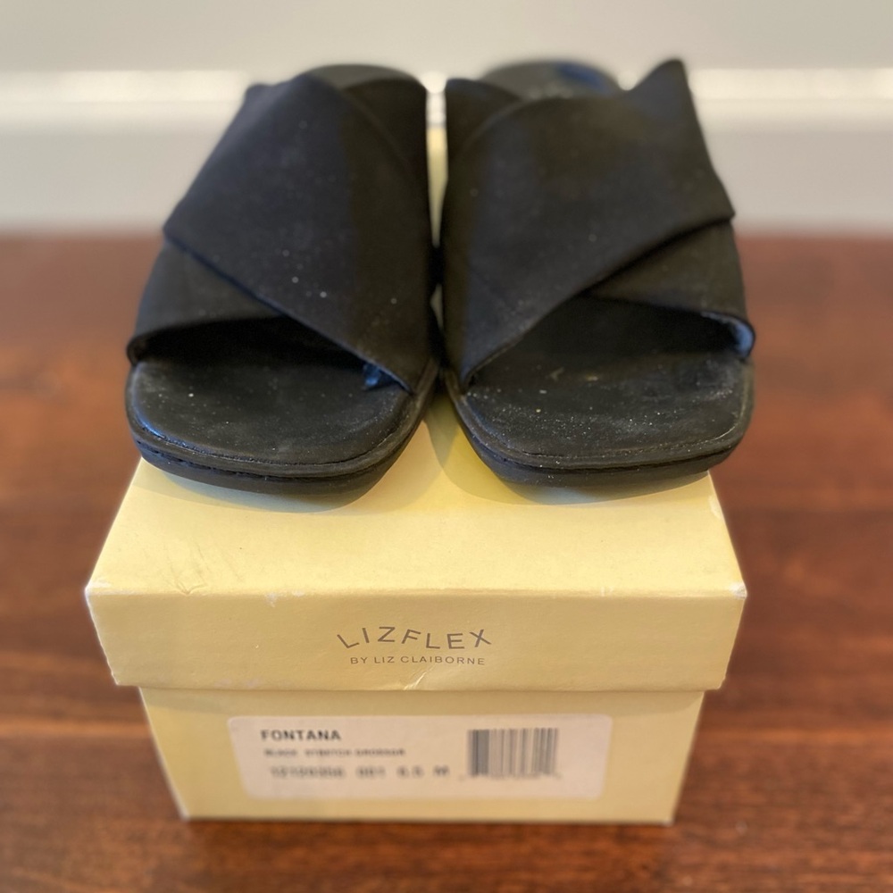Black elastic strap sandals, LizFlex Fontana, 6.5